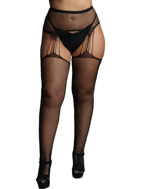 Le Désir: Suspender Rhinestone Pantyhose, svart, One Size Plus