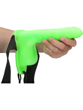 Ouch! Glow in the Dark: Ribbed Hollow Strap-On with Balls, 21 cm